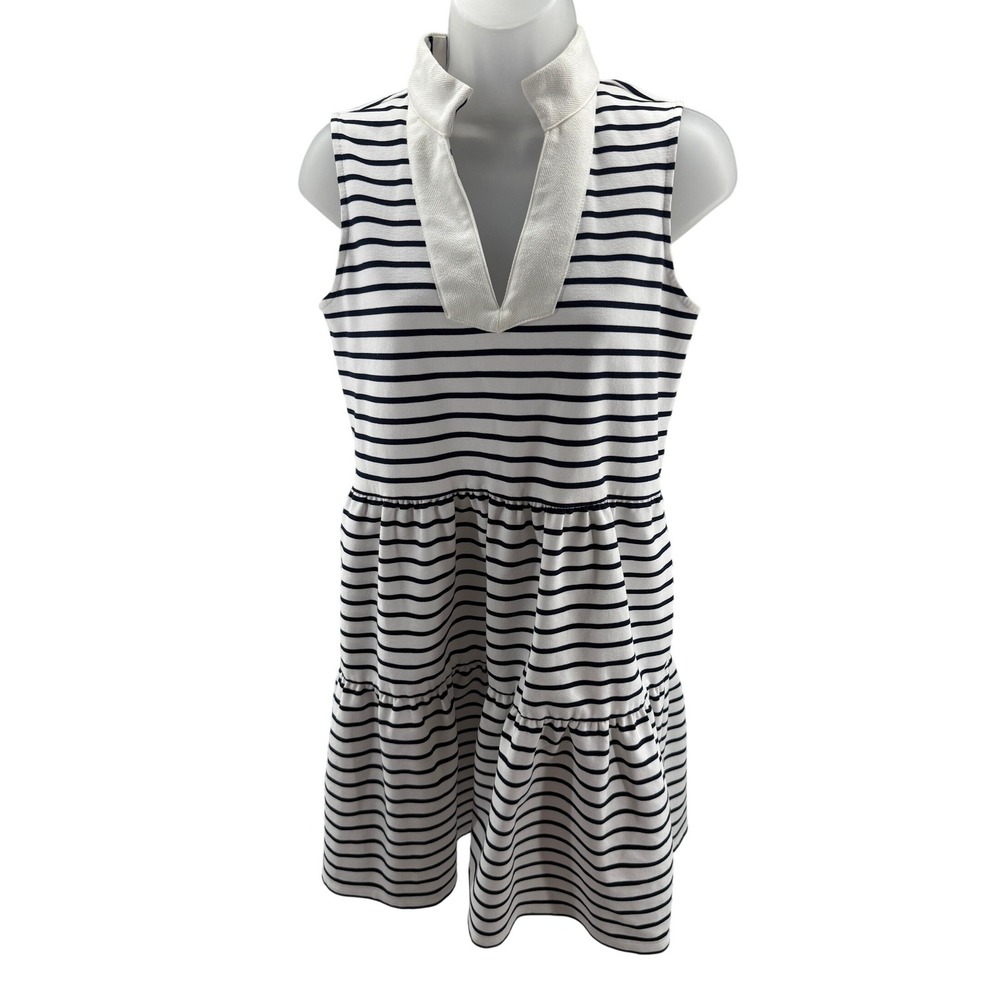 Eliza J‎ Navy White Striped Tiered Sleeveless Cotton Dress Pockets Womens XSmall